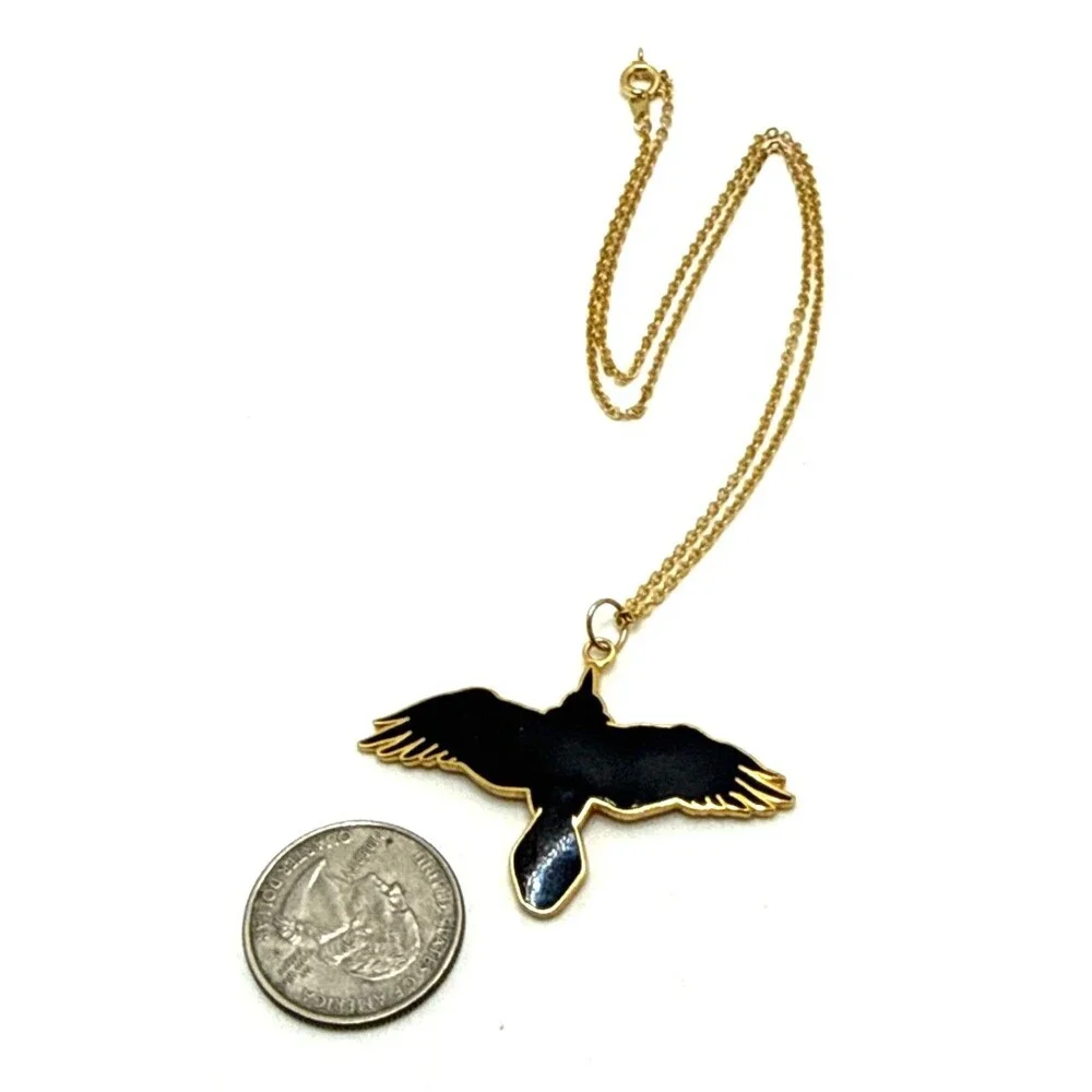 Vintage 1990 Wm Spear Design Black Bird Pendant Necklace Cloisonne Enamel 16